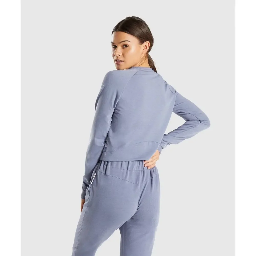 Gymshark Steel Blue Solace Cropped Long Sleeve Tumbhole Sweater Size Small - Picture 2 of 14